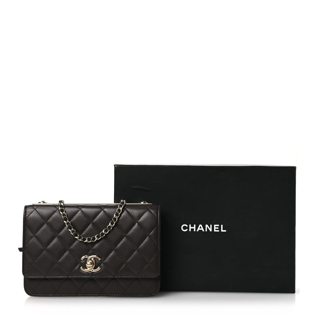 Lambskin Quilted Trendy CC Wallet On Chain WOC Dark Brown