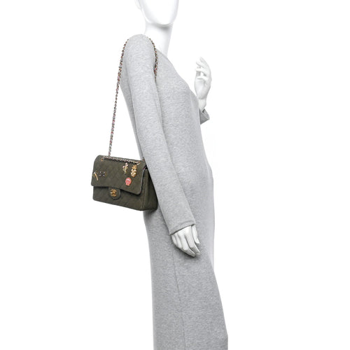 Canvas Quilted Coco Cuba Charms Medium Double Flap Khaki