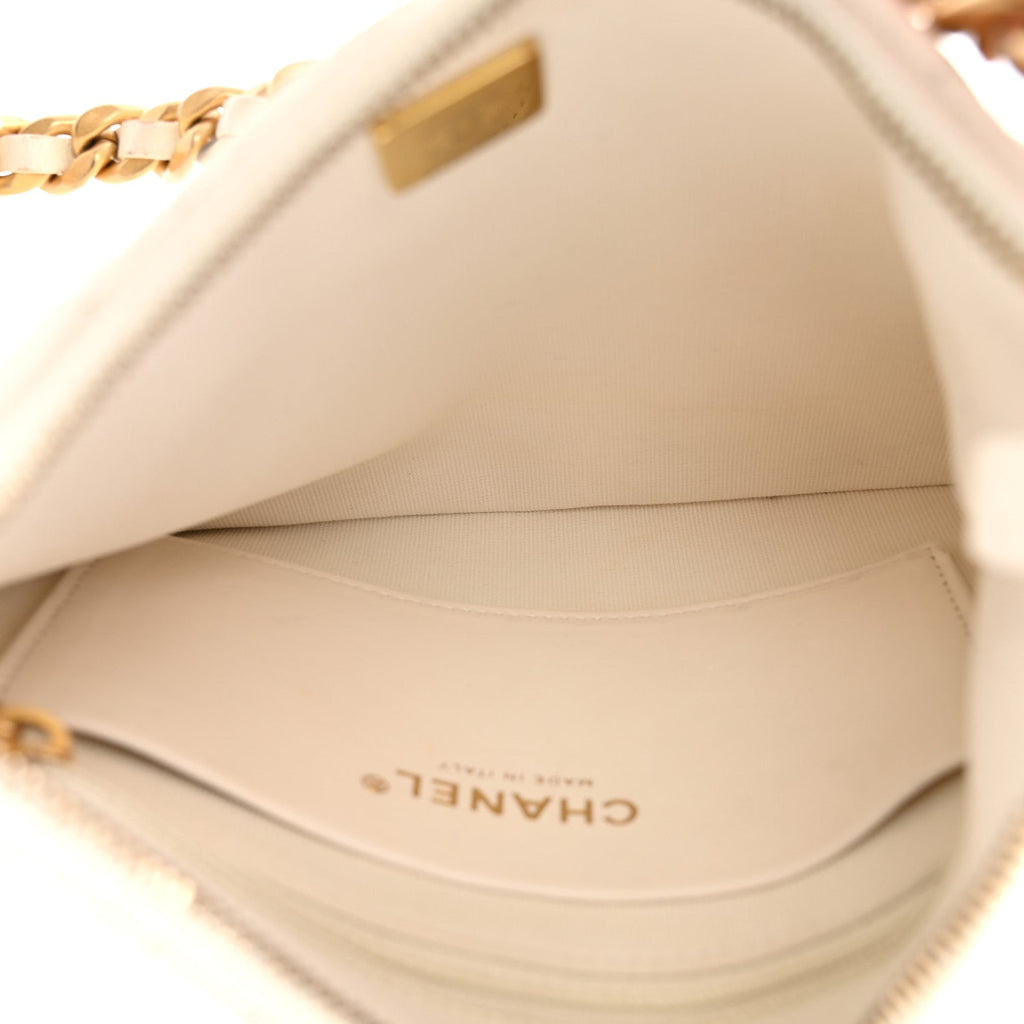 Shiny Crumpled Lambskin Quilted Trendy Chain Around Hobo White