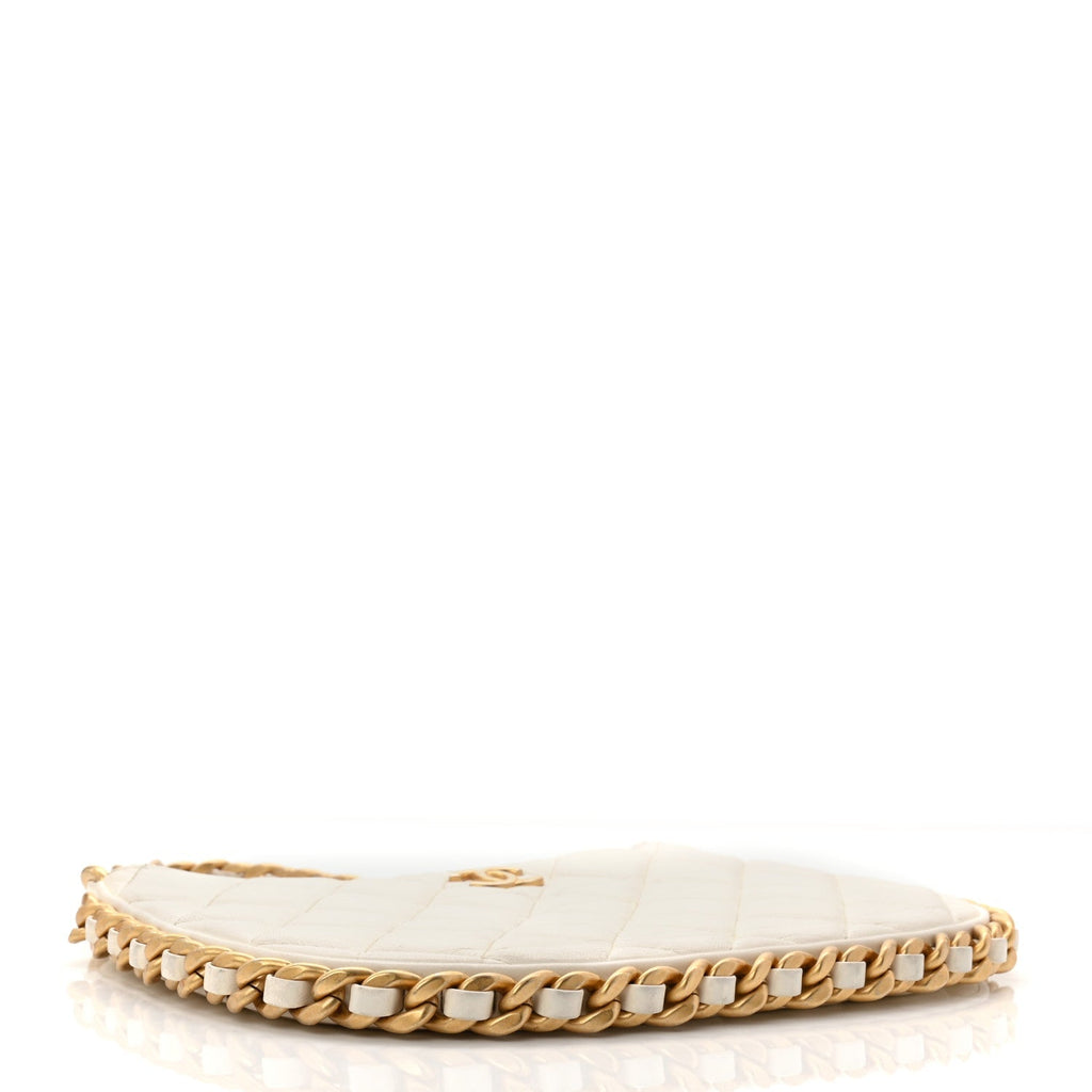 Shiny Crumpled Lambskin Quilted Trendy Chain Around Hobo White