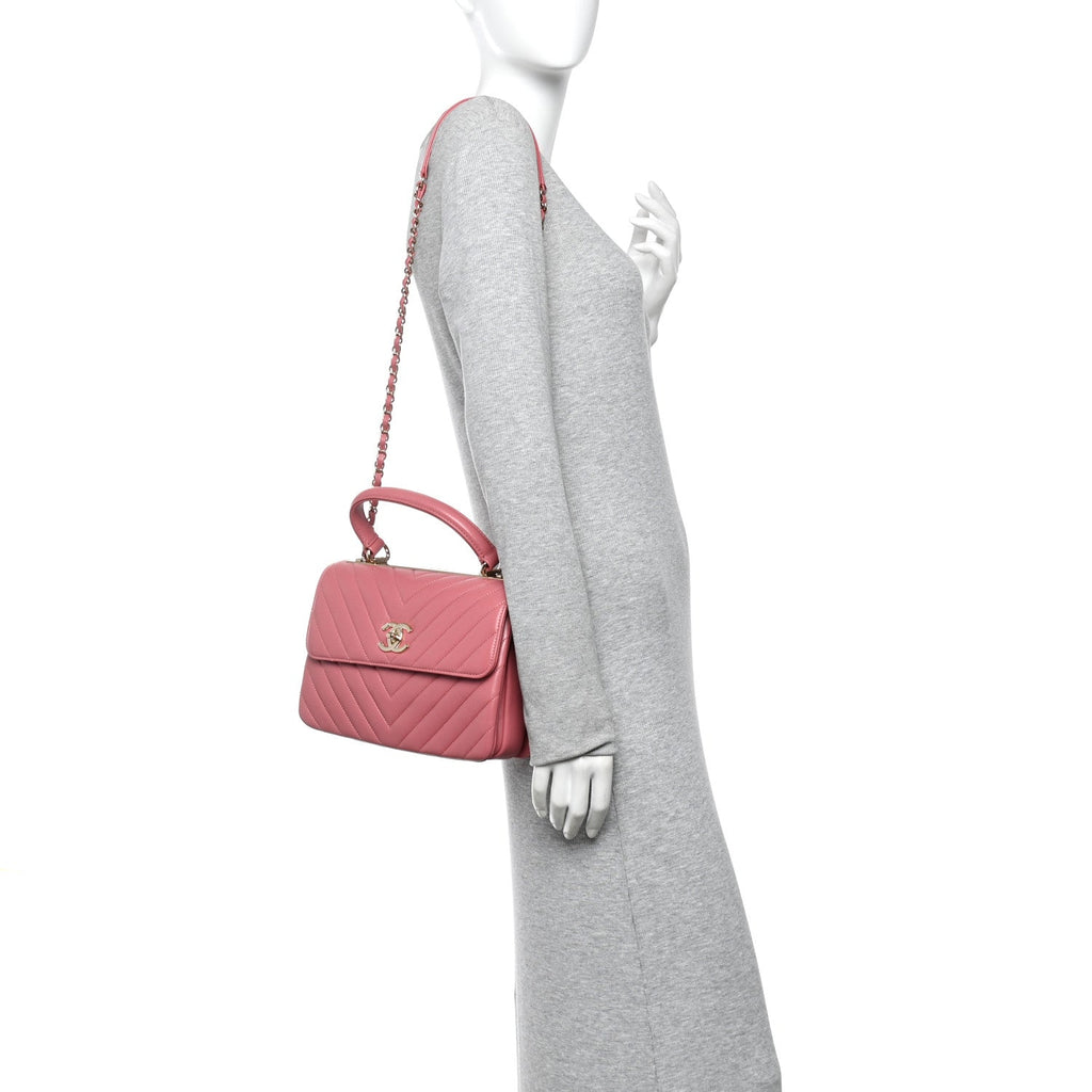 Lambskin Chevron Quilted Small Trendy CC Dual Handle Flap Bag Rosewood