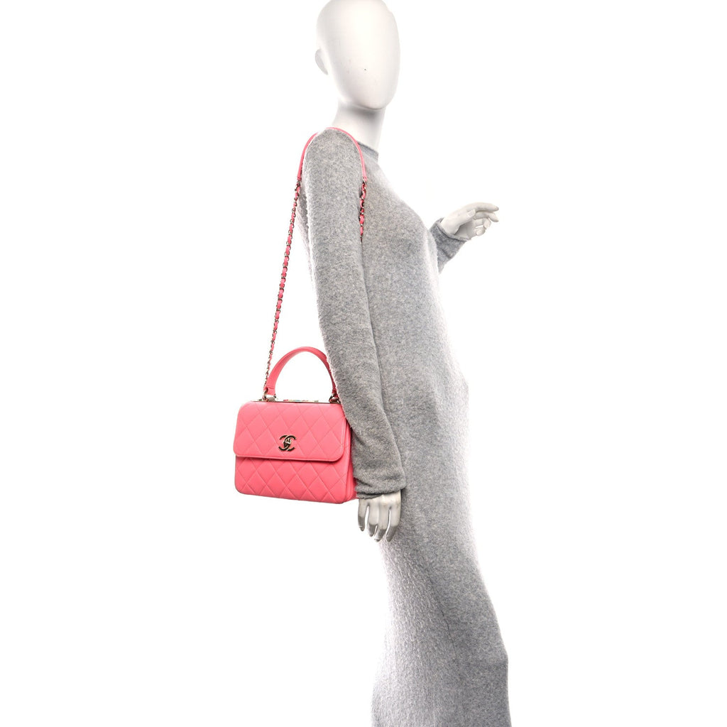 Lambskin Lacquered Quilted Mini Trendy CC Dual Handle Flap Bag Coral Pink