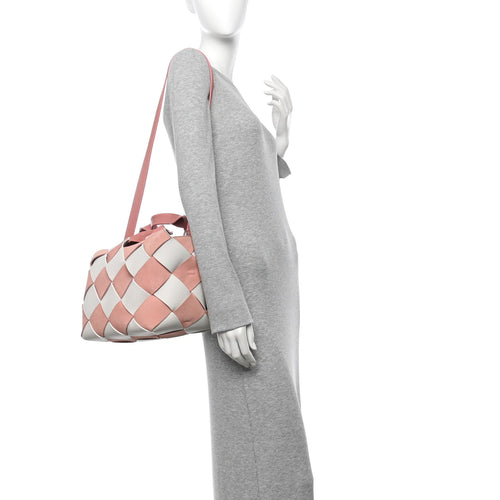 Calfskin Suede Gingham Woven Basket Bag Soft Pink White