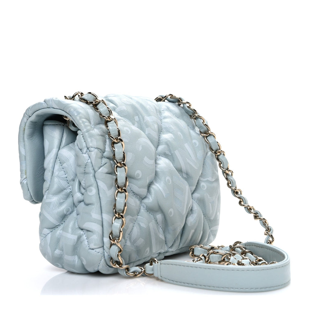Lambskin Quilted Printed CC Mini Square Flap Light Blue