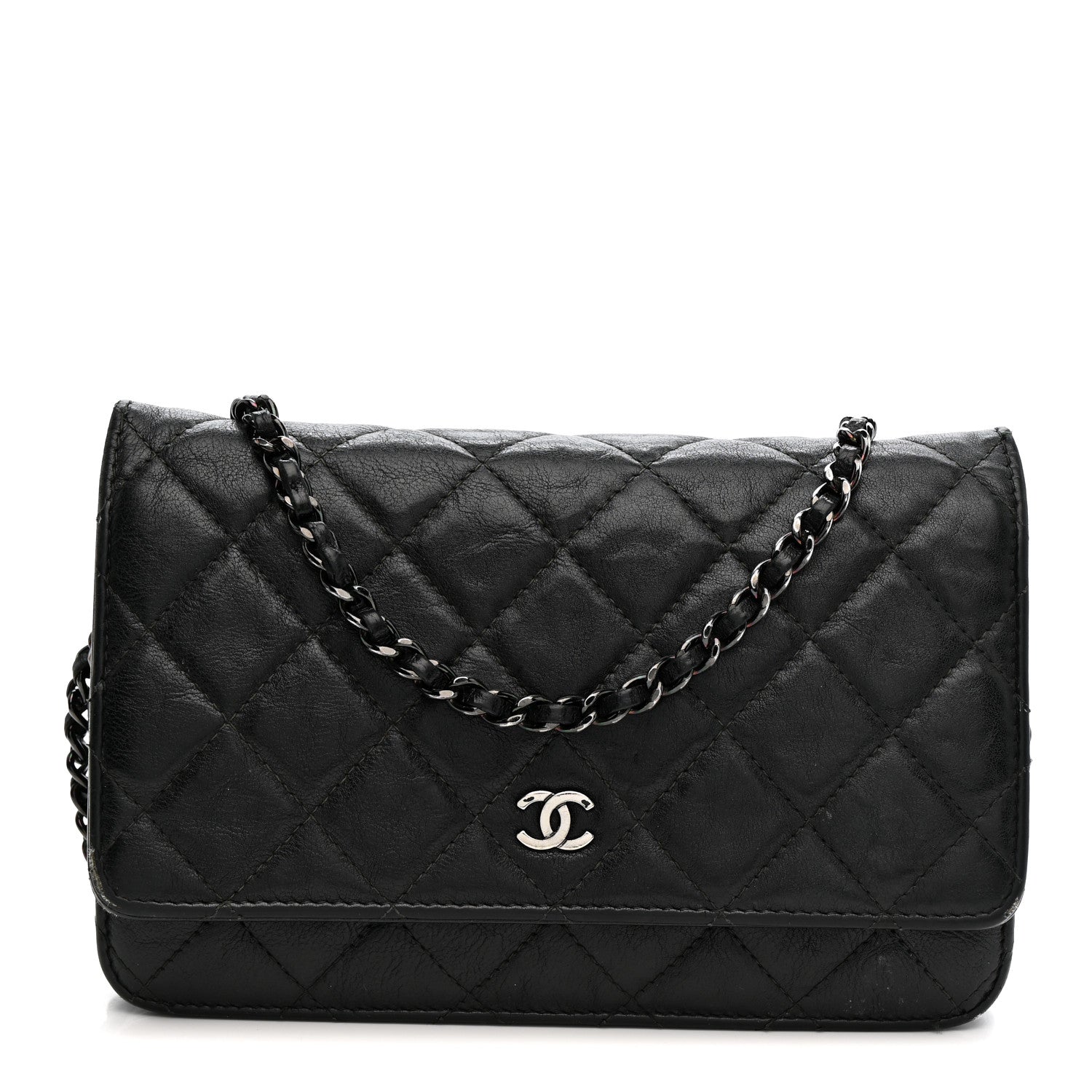 Crumpled Calfskin Quilted Wallet On Chain WOC So Black