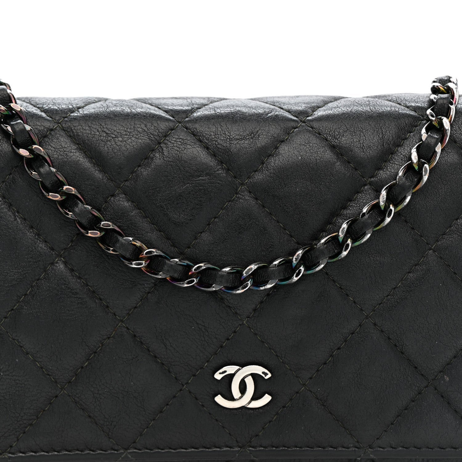 Crumpled Calfskin Quilted Wallet On Chain WOC So Black