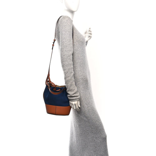 Canvas Calfskin Balloon Bucket Bag Navy Tan