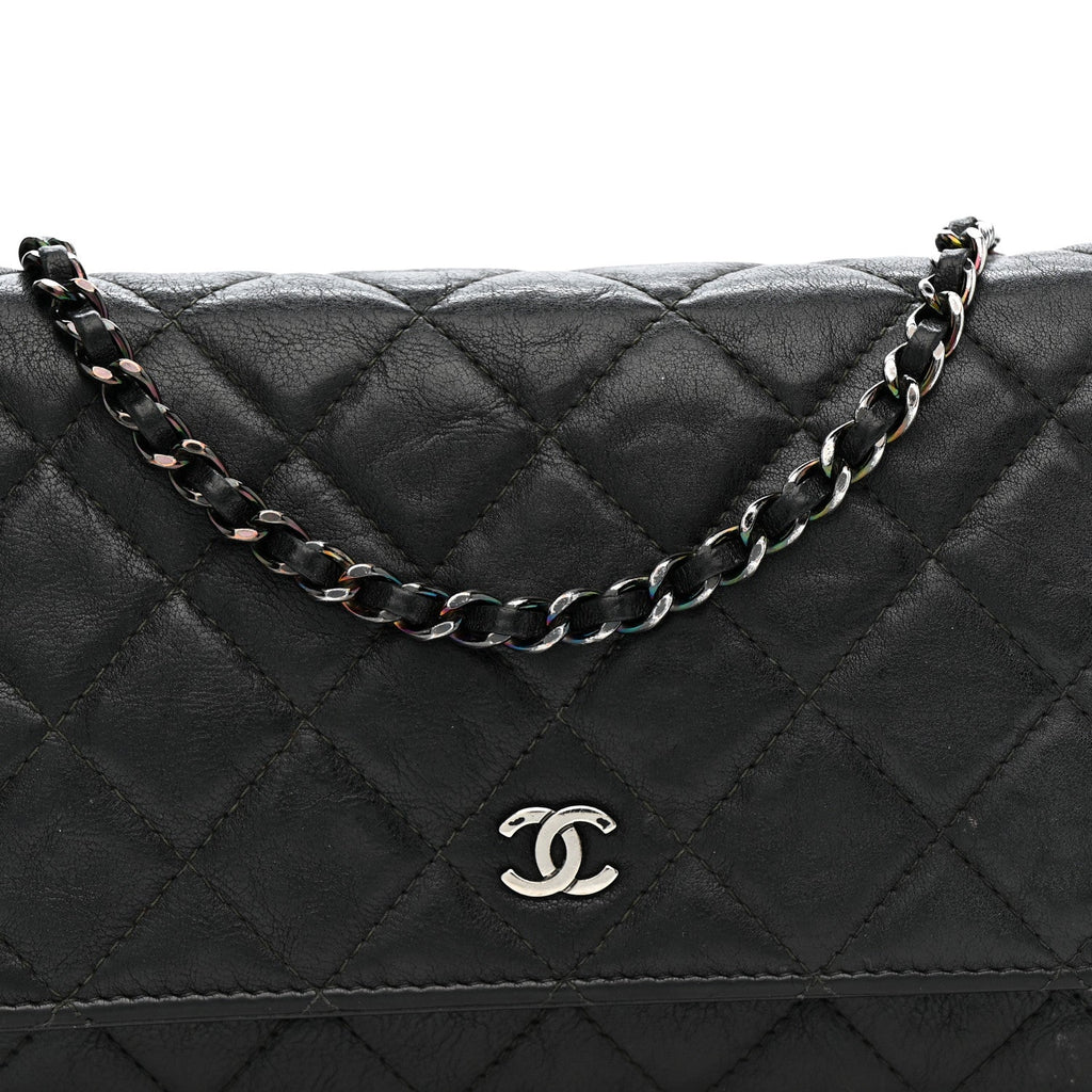 Crumpled Calfskin Quilted Wallet On Chain WOC So Black