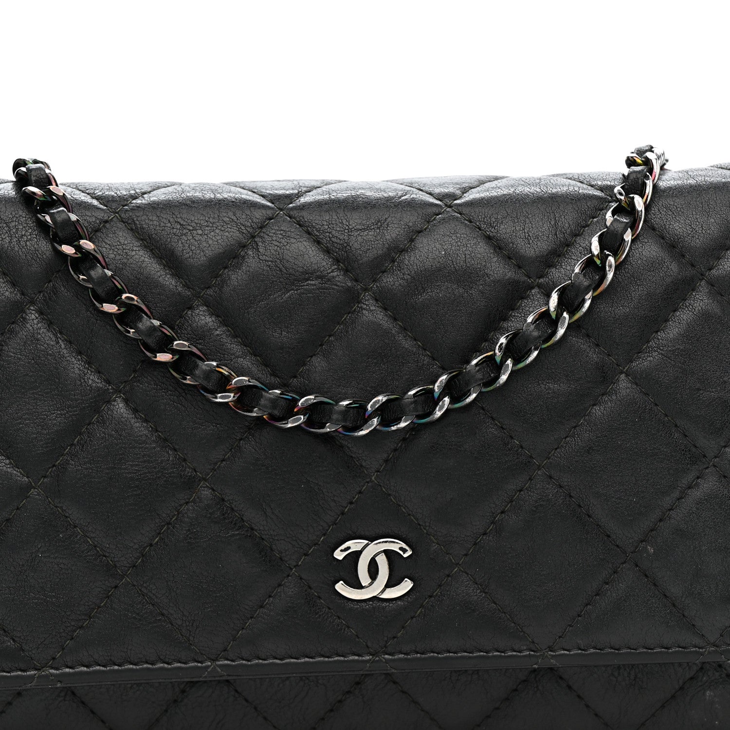 Crumpled Calfskin Quilted Wallet On Chain WOC So Black