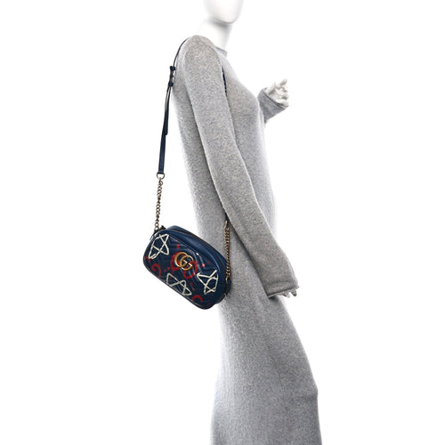 Calfskin Matelasse GucciGhost Small GG Marmont Chain Shoulder Bag  Black Hibiscus Red
