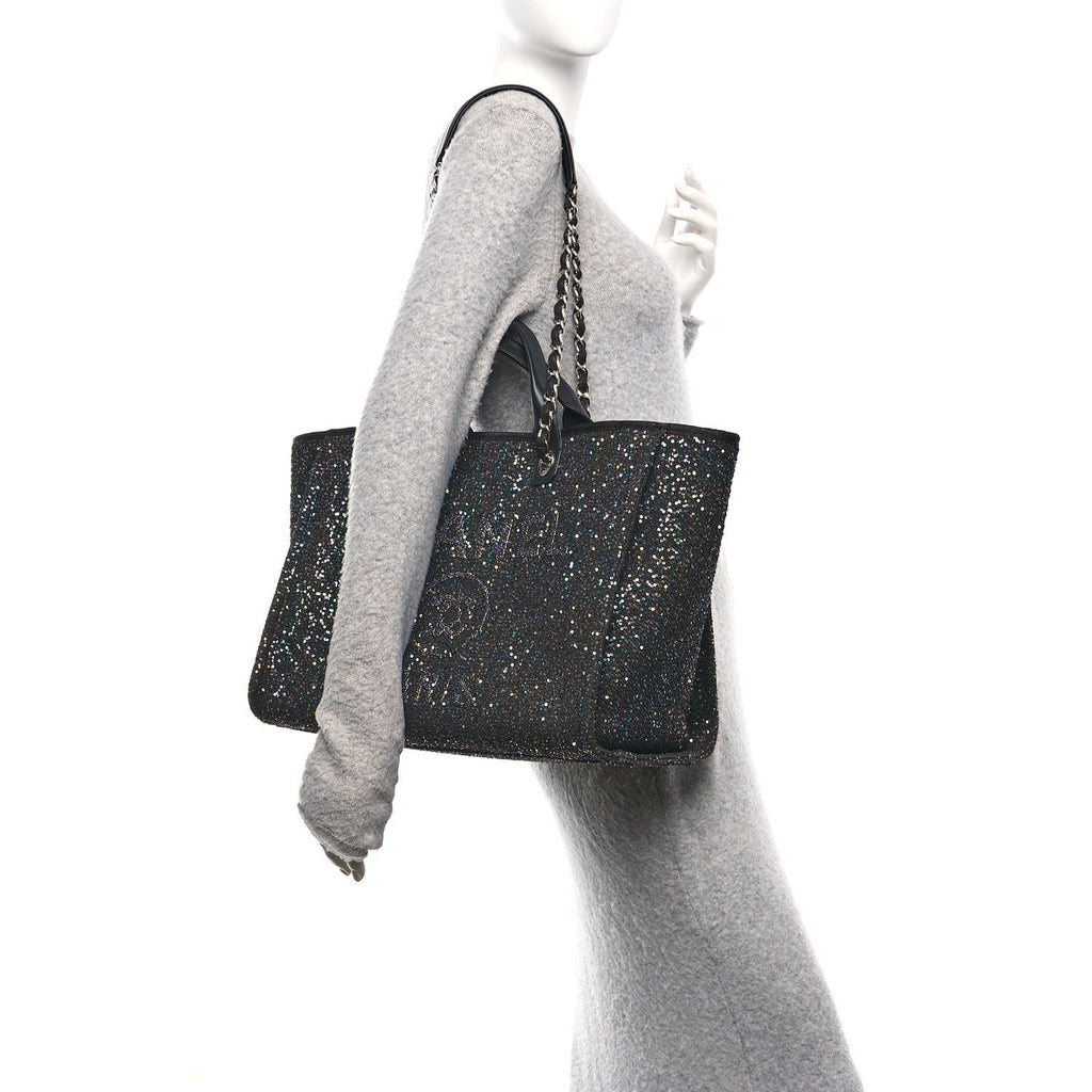 Calfskin Sequin Medium Deauville Tote Black