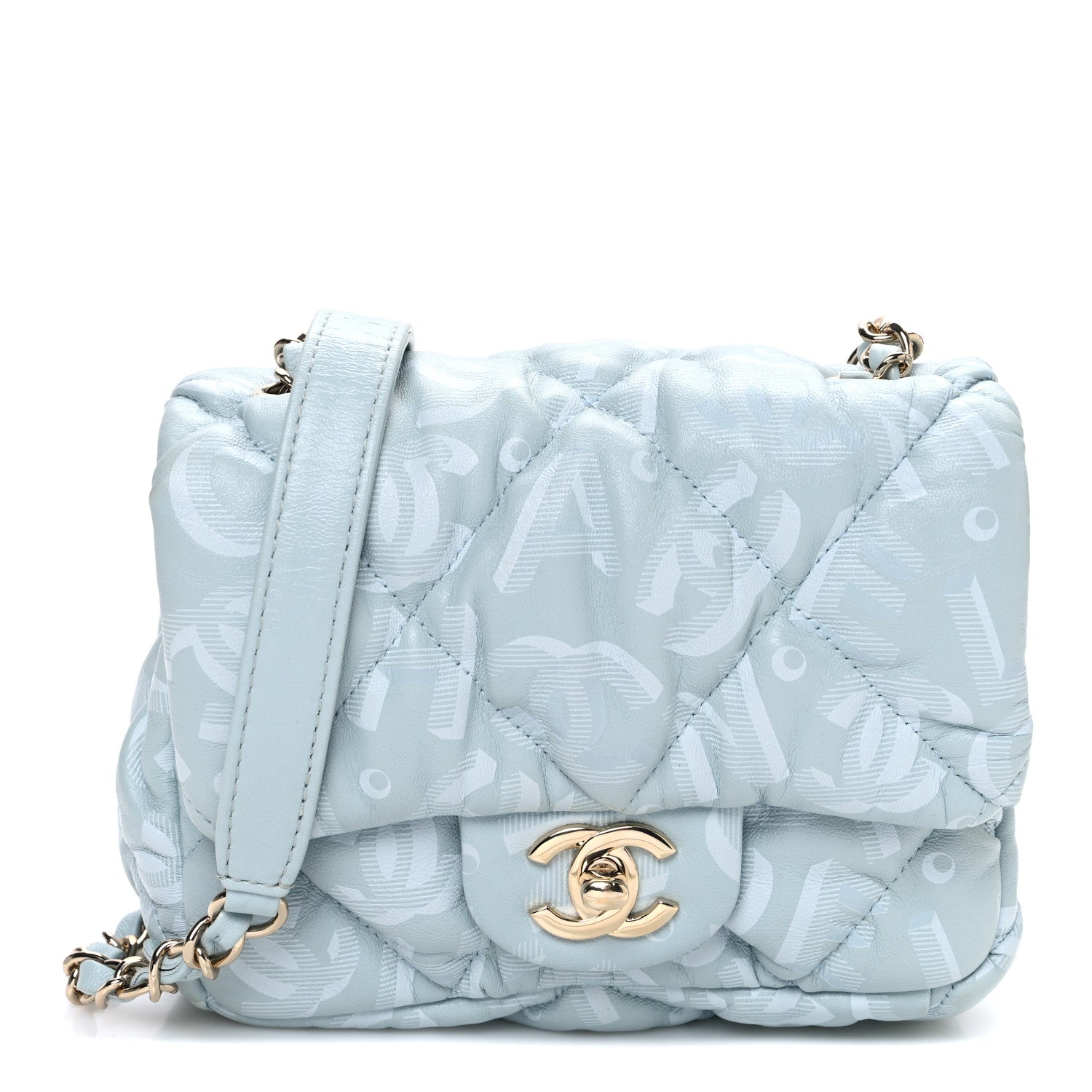 Lambskin Quilted Printed CC Mini Square Flap Light Blue