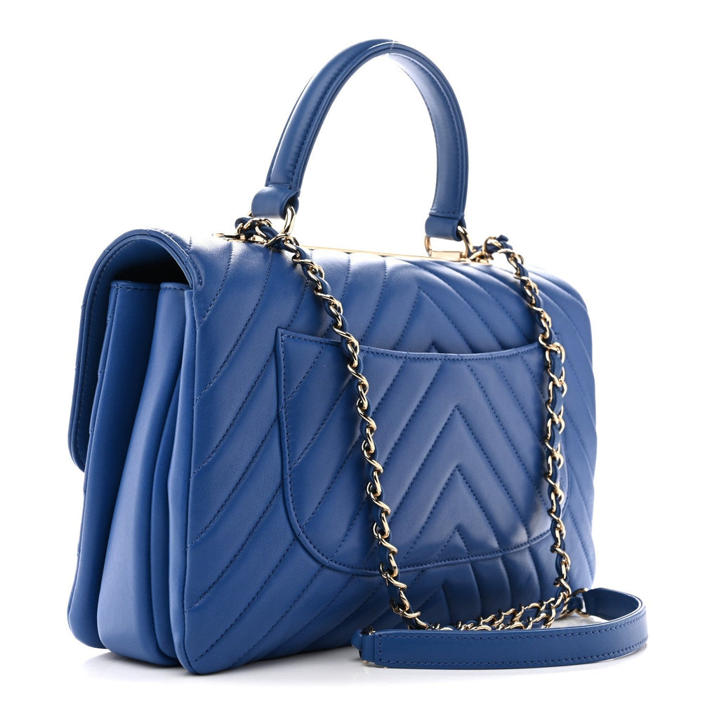 Lambskin Chevron Quilted Medium Trendy CC Dual Handle Flap Bag Blue