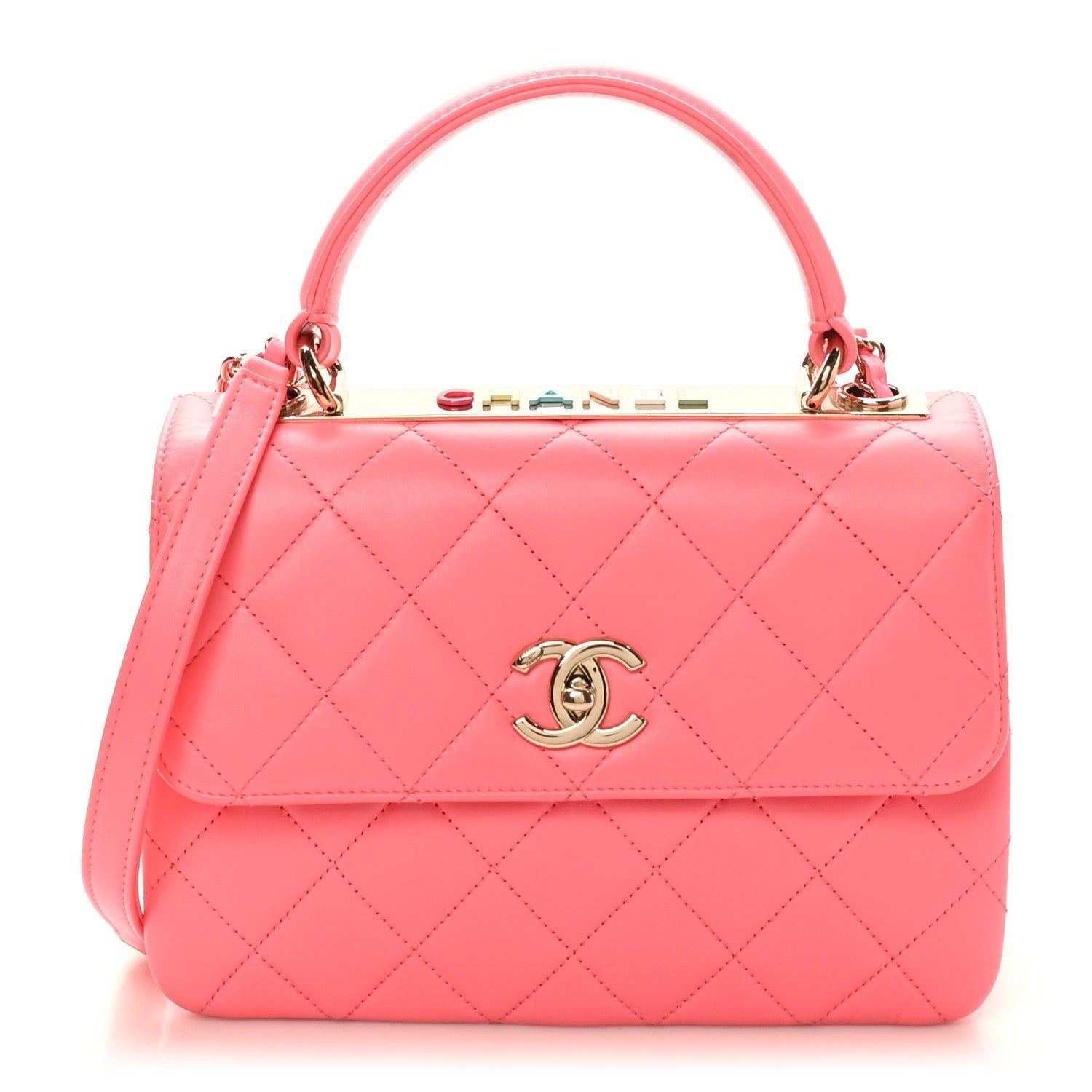 Lambskin Lacquered Quilted Mini Trendy CC Dual Handle Flap Bag Coral Pink
